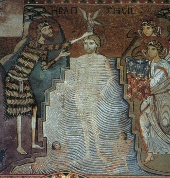 Giovanni Battista battezza Gesù. Mosaico medievale. Cappella Palatina, Palermo.