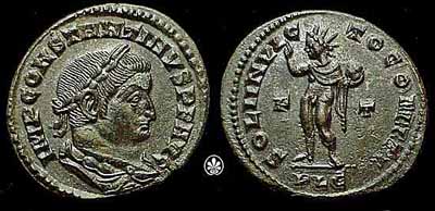 Moneta dell'imperatore Costantino con la raffigurazione del Sol invictus, inizio IV secolo. Panairjdde CC-BY-SA-3.