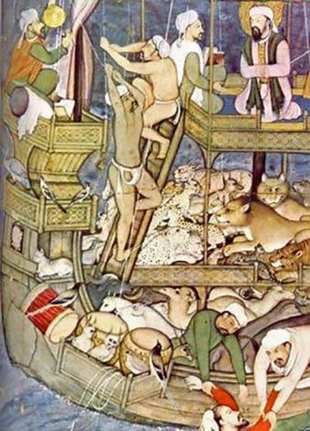 Miniatura dell'epoca dei Mogul, XVI secolo. Costruzione dell'arca di Noè. Dominio pubblico