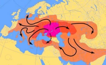 Urheimat degli Indoeuropei. Espansione della lingua indoeuropea dal 4000 al 1000 a.C.. - mappa Dbachmann CC BY-SA 3.0